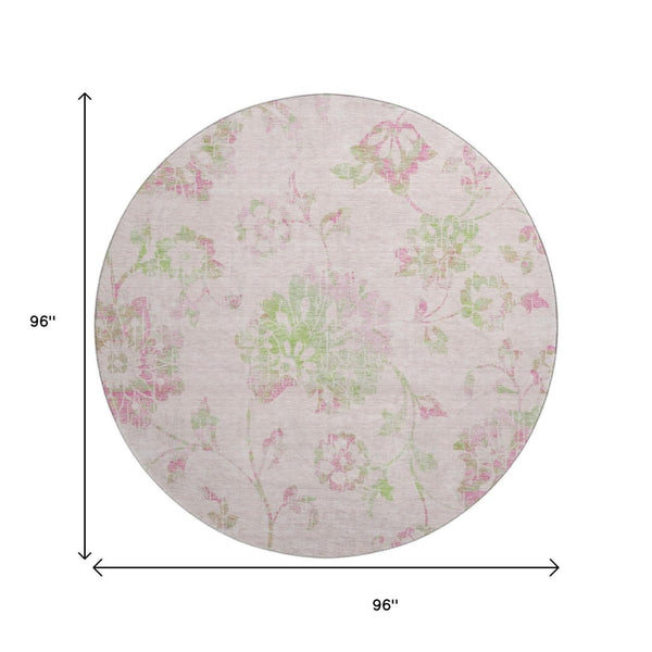 HomeRoots 8' Pink and Green Floral Washable Round Rug - UV Protected, Stain Resistant & Non-Slip Design! 667936