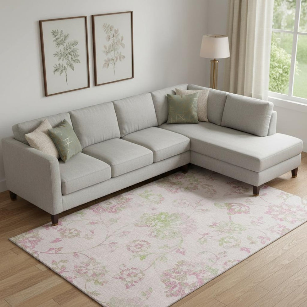 HomeRoots 8' X 10' Floral Area Rug in Pink & Green - Washable, UV Protected, Durable & Perfect for Homes! 667937