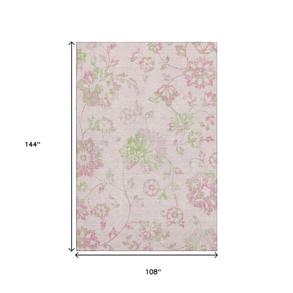 HomeRoots 9' X 12' Pink and Green Floral Washable Area Rug - UV Protected, Stylish, Pet-Friendly Decor Piece 667938