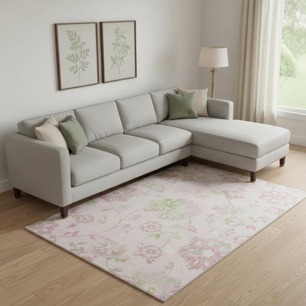 HomeRoots 9' X 12' Pink and Green Floral Washable Area Rug - UV Protected, Stylish, Pet-Friendly Decor Piece 667938