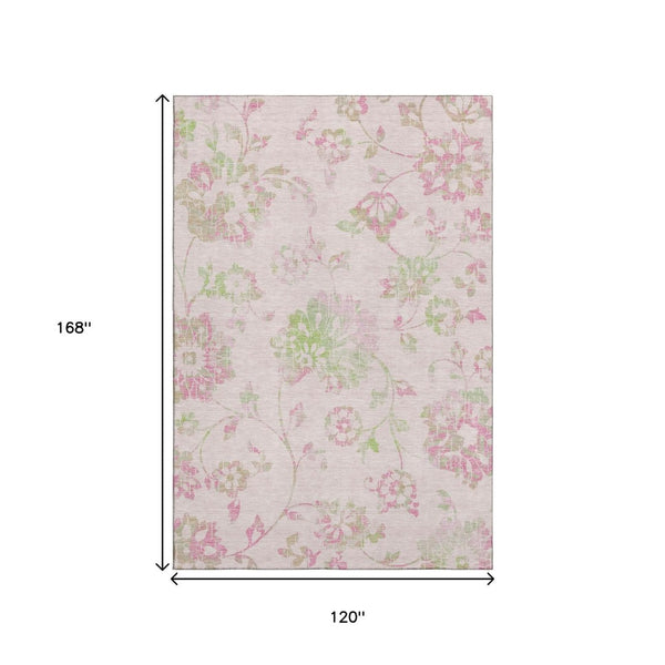 HomeRoots 10' X 14' Pink and Green Floral Area Rug - Washable, UV Protected, Durable Design for Homes & Pets 667939