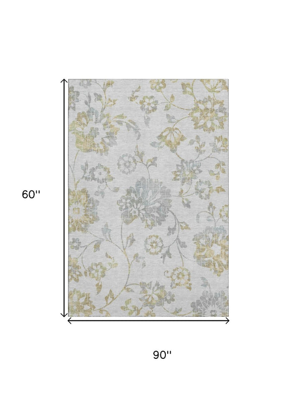 HomeRoots 5' X 8' Elegant Silver Gray and Gold Floral Area Rug - Washable, UV Protected, Pet-Friendly Design 667941