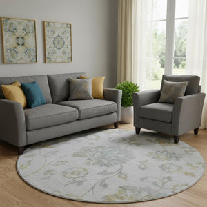 HomeRoots 8' Elegant Silver Gray and Gold Floral Washable Round Rug with UV Protection for High Traffic Areas 667942