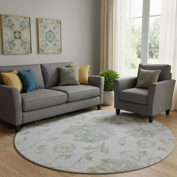 HomeRoots 8' Elegant Silver Gray and Gold Floral Washable Round Rug with UV Protection for High Traffic Areas 667942