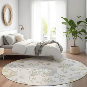 HomeRoots 8' Elegant Silver Gray and Gold Floral Washable Round Rug with UV Protection for High Traffic Areas 667942