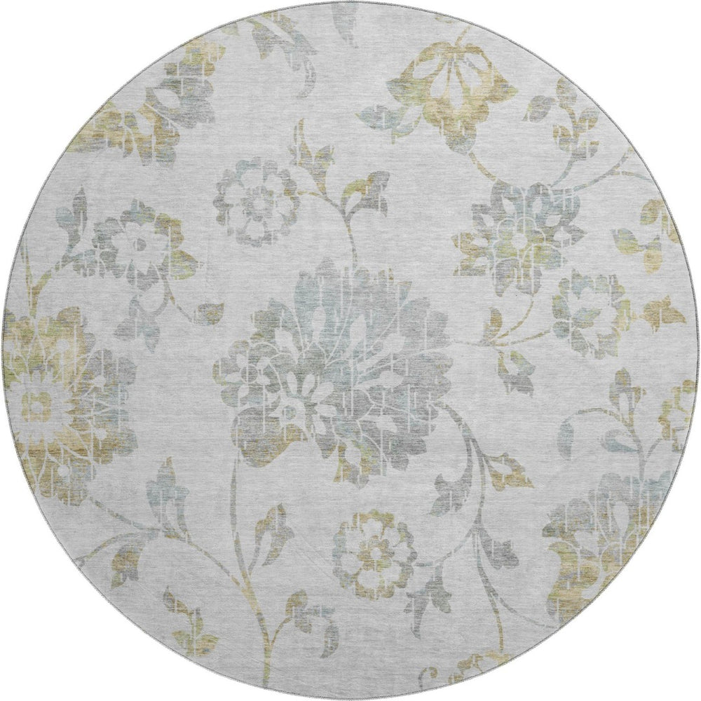 HomeRoots 8' Elegant Silver Gray and Gold Floral Washable Round Rug with UV Protection for High Traffic Areas 667942