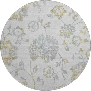 HomeRoots 8' Elegant Silver Gray and Gold Floral Washable Round Rug with UV Protection for High Traffic Areas 667942