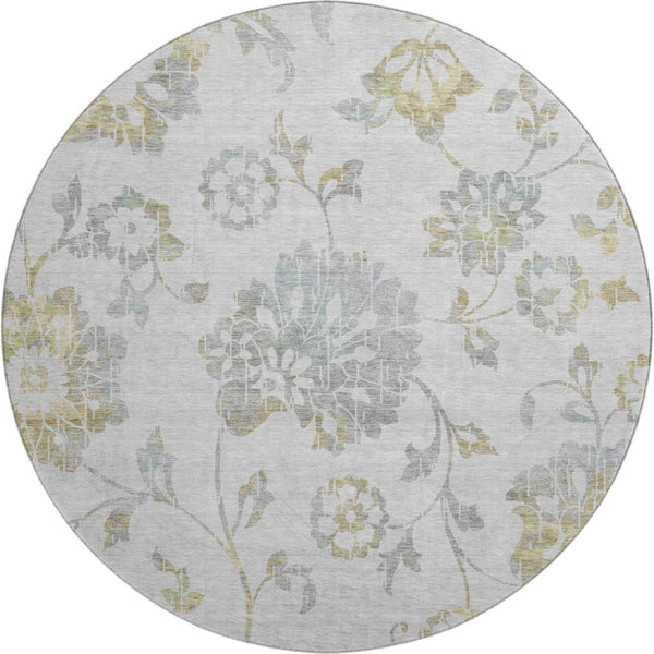 HomeRoots 8' Elegant Silver Gray and Gold Floral Washable Round Rug with UV Protection for High Traffic Areas 667942