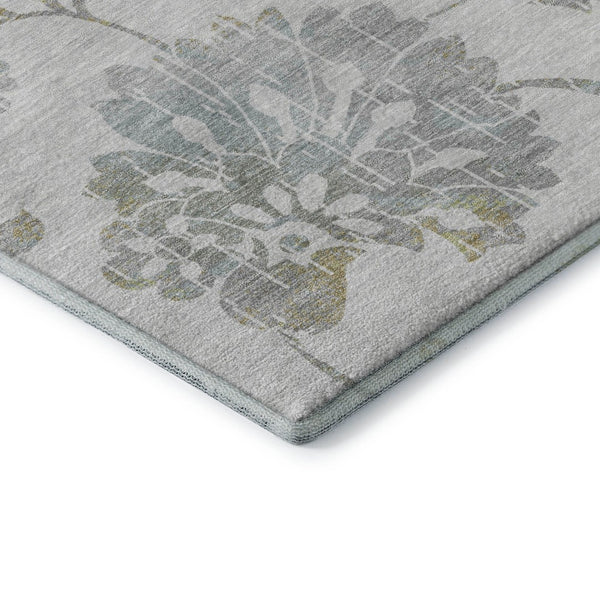 HomeRoots 8' Elegant Silver Gray and Gold Floral Washable Round Rug with UV Protection for High Traffic Areas 667942