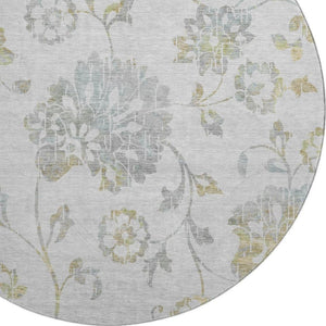 HomeRoots 8' Elegant Silver Gray and Gold Floral Washable Round Rug with UV Protection for High Traffic Areas 667942