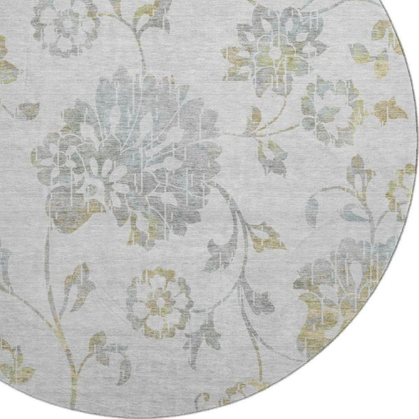 HomeRoots 8' Elegant Silver Gray and Gold Floral Washable Round Rug with UV Protection for High Traffic Areas 667942