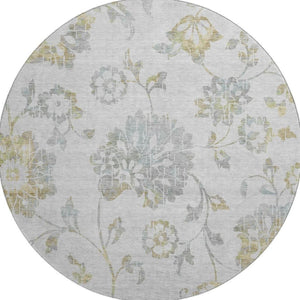 HomeRoots 8' Elegant Silver Gray and Gold Floral Washable Round Rug with UV Protection for High Traffic Areas 667942