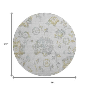 HomeRoots 8' Elegant Silver Gray and Gold Floral Washable Round Rug with UV Protection for High Traffic Areas 667942