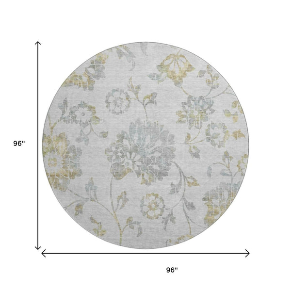 HomeRoots 8' Elegant Silver Gray and Gold Floral Washable Round Rug with UV Protection for High Traffic Areas 667942