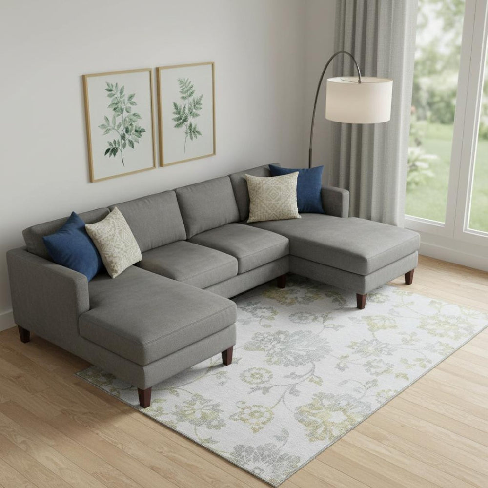 HomeRoots 8' X 10' Silver Gray and Gold Floral Washable Area Rug with Stain Resistance & UV Protection for Homes 667943