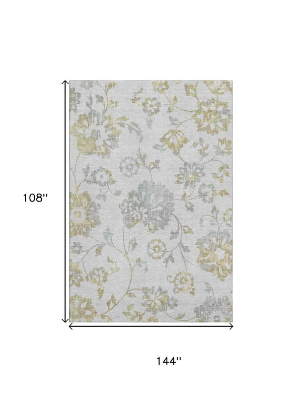 HomeRoots 9' X 12' Elegant Silver Gray & Gold Floral Area Rug - Washable, Stain-Resistant, UV Protected Decor 667944