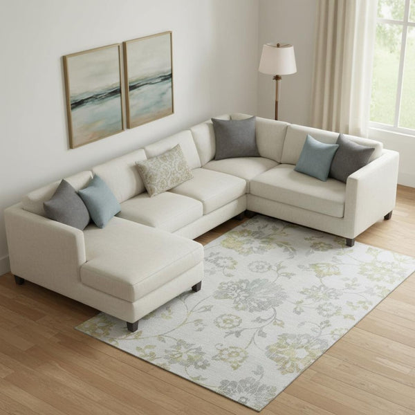 HomeRoots 10' X 14' Elegant Silver Gray & Gold Floral Area Rug - Washable, UV Protected, Pet-Friendly Design 667945
