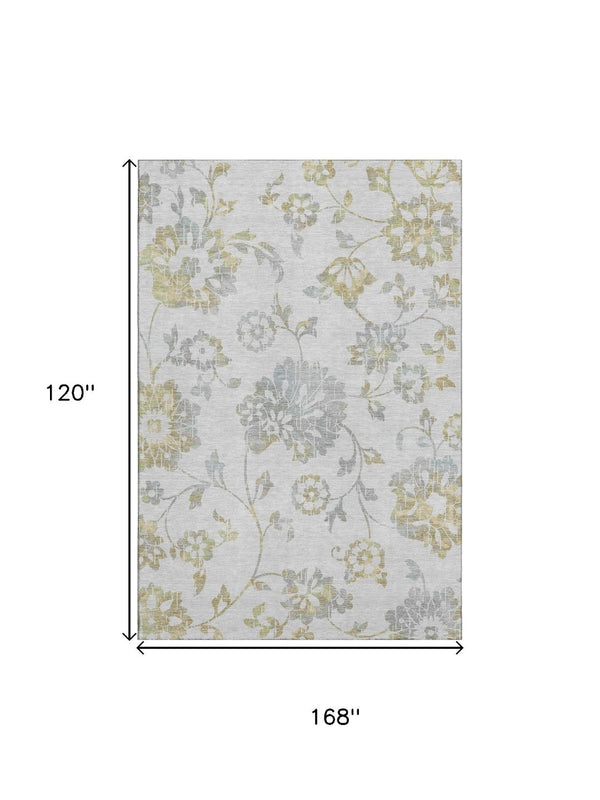 HomeRoots 10' X 14' Elegant Silver Gray & Gold Floral Area Rug - Washable, UV Protected, Pet-Friendly Design 667945