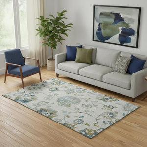 HomeRoots 5' Elegant Taupe Blue and Gold Floral Area Rug – Washable, Stain-Resistant, UV-Protected Design 667947