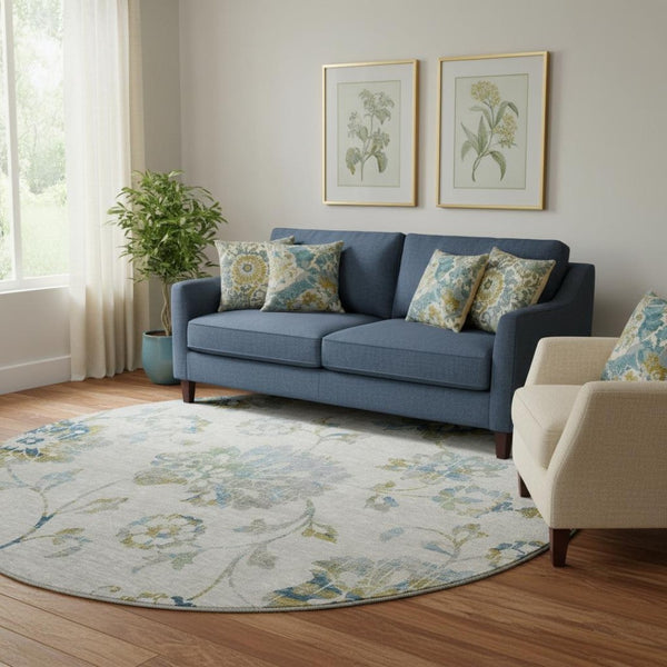 HomeRoots 8' Elegant Floral Washable Round Rug in Taupe, Blue & Gold – UV Protected, Stain Resistant & Durable 667948