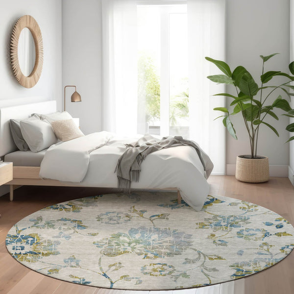 HomeRoots 8' Elegant Floral Washable Round Rug in Taupe, Blue & Gold – UV Protected, Stain Resistant & Durable 667948