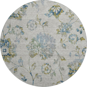 HomeRoots 8' Elegant Floral Washable Round Rug in Taupe, Blue & Gold – UV Protected, Stain Resistant & Durable 667948