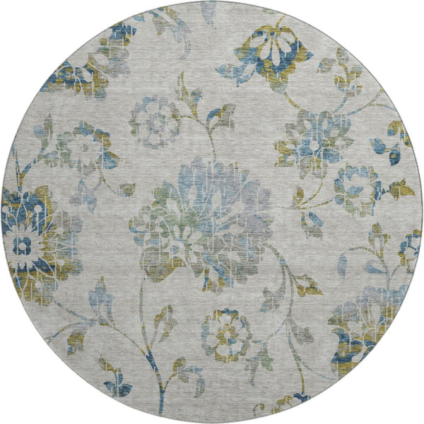 HomeRoots 8' Elegant Floral Washable Round Rug in Taupe, Blue & Gold – UV Protected, Stain Resistant & Durable 667948