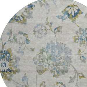 HomeRoots 8' Elegant Floral Washable Round Rug in Taupe, Blue & Gold – UV Protected, Stain Resistant & Durable 667948