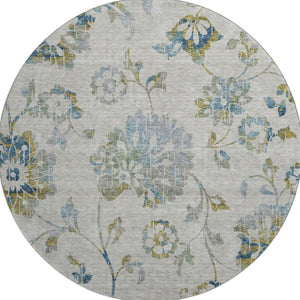 HomeRoots 8' Elegant Floral Washable Round Rug in Taupe, Blue & Gold – UV Protected, Stain Resistant & Durable 667948