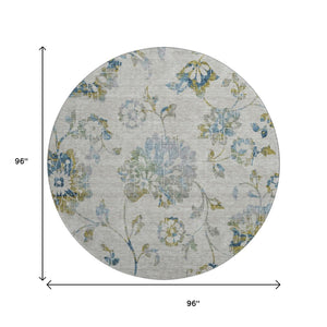 HomeRoots 8' Elegant Floral Washable Round Rug in Taupe, Blue & Gold – UV Protected, Stain Resistant & Durable 667948
