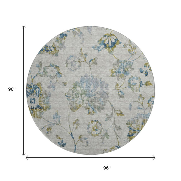 HomeRoots 8' Elegant Floral Washable Round Rug in Taupe, Blue & Gold – UV Protected, Stain Resistant & Durable 667948