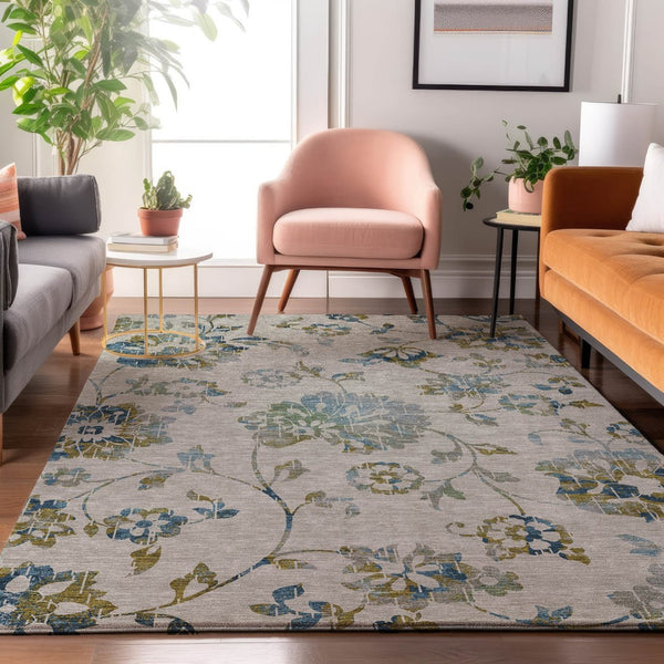 HomeRoots 9' X 12' Taupe Blue Gold Floral Area Rug - Stain Resistant, UV Protected, Durable & Stylish Design 667950