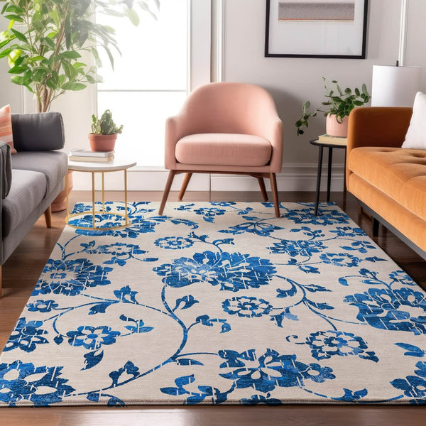 HomeRoots 5' X 8' White And Blue Floral Washable Area Rug with UV Protection – Stylish, Durable, and Easy Care 667953