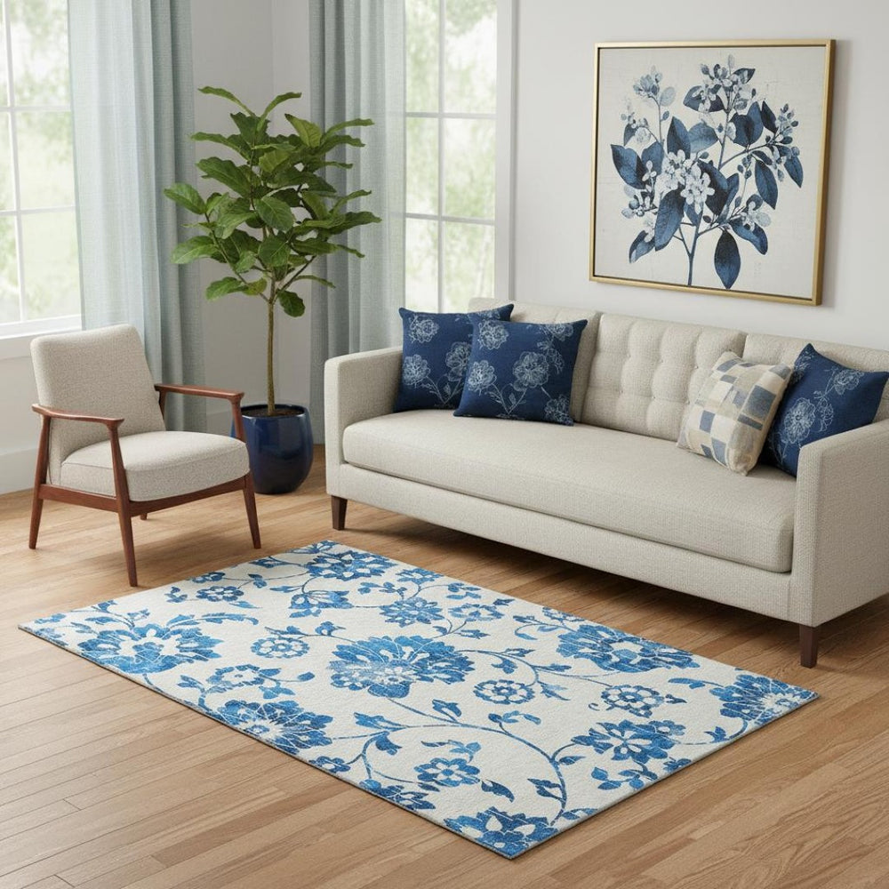 HomeRoots 5' X 8' White And Blue Floral Washable Area Rug with UV Protection – Stylish, Durable, and Easy Care 667953