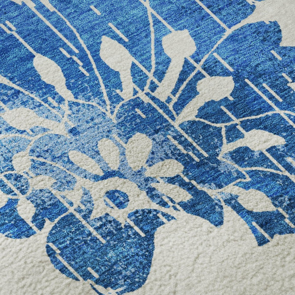 HomeRoots 5' X 8' White And Blue Floral Washable Area Rug with UV Protection – Stylish, Durable, and Easy Care 667953