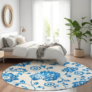 HomeRoots 8' Washable Round Rug with White and Blue Floral Design - UV Protected, Stain Resistant, Durable! 667954