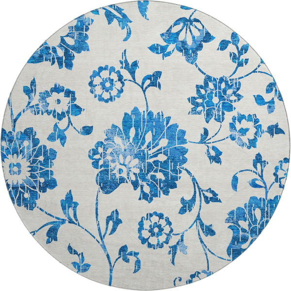 HomeRoots 8' Washable Round Rug with White and Blue Floral Design - UV Protected, Stain Resistant, Durable! 667954