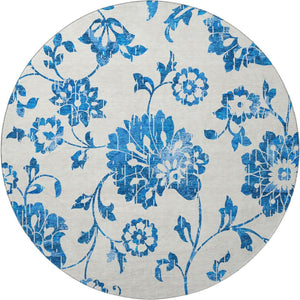 HomeRoots 8' Washable Round Rug with White and Blue Floral Design - UV Protected, Stain Resistant, Durable! 667954