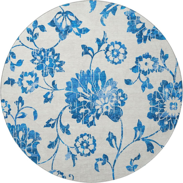 HomeRoots 8' Washable Round Rug with White and Blue Floral Design - UV Protected, Stain Resistant, Durable! 667954