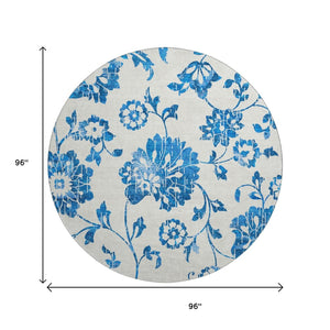 HomeRoots 8' Washable Round Rug with White and Blue Floral Design - UV Protected, Stain Resistant, Durable! 667954