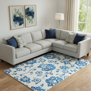 HomeRoots 8' X 10' Stylish White and Blue Floral Area Rug - Washable, UV-Resistant, Durable for High Traffic Areas 667955