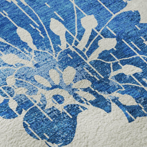 HomeRoots 8' X 10' Stylish White and Blue Floral Area Rug - Washable, UV-Resistant, Durable for High Traffic Areas 667955