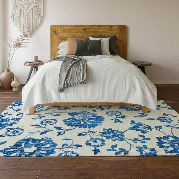 HomeRoots 9' X 12' Floral Washable Area Rug - Blue and White, UV Protection, Stain Resistant, Perfect for Families 667956