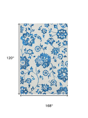 HomeRoots 10' X 14' Washable Area Rug – Elegant White & Blue Floral Design with UV Protection for Durability 667957