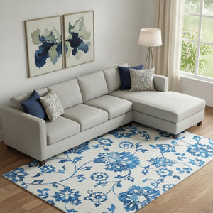 HomeRoots 10' X 14' Washable Area Rug – Elegant White & Blue Floral Design with UV Protection for Durability 667957