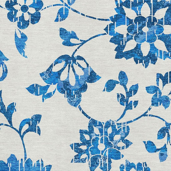 HomeRoots 10' X 14' Washable Area Rug – Elegant White & Blue Floral Design with UV Protection for Durability 667957