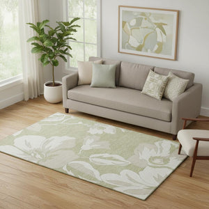 HomeRoots 5' X 8' Artichoke Green Floral Area Rug - Stain-Resistant, UV Protected, Machine Washable Elegance 667959