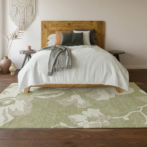 HomeRoots 5' X 8' Artichoke Green Floral Area Rug - Stain-Resistant, UV Protected, Machine Washable Elegance 667959