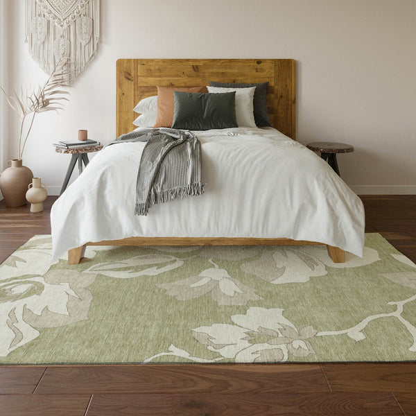 HomeRoots 5' X 8' Artichoke Green Floral Area Rug - Stain-Resistant, UV Protected, Machine Washable Elegance 667959
