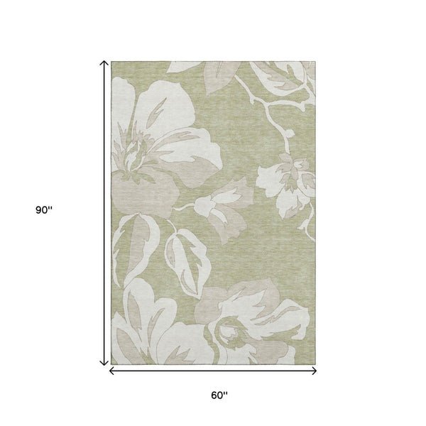 HomeRoots 5' X 8' Artichoke Green Floral Area Rug - Stain-Resistant, UV Protected, Machine Washable Elegance 667959